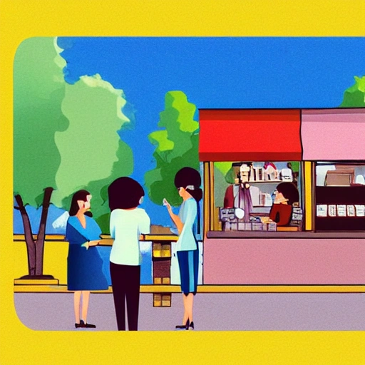 A coffee shop at the corner of the street, Two women chatting while holding coffee, sunny weather,Cartoon