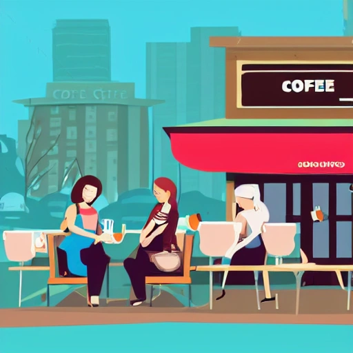 A coffee shop at the corner of the street, Two women chatting while holding coffee, sunny weather,Cartoon