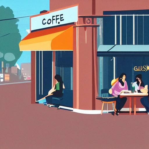 A coffee shop at the corner of the street, Two women chatting while holding coffee, sunny weather,Cartoon