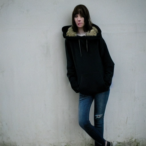 A woman of approximately 25 years old, with short wavy brown hair, a sensual gaze, Caucasian, and honey,colored eyes. She is dressed in a black hoodie, a black undersize hoodie, a pair of jeans, and a black backpack. Horror film still, dramatic lighting, directed by Sam Meinsne Nen. Wes Anderson,, Stanley Kubrick film still frame, natural pose, detailed photo. Studio light. cinematography. Eichrome Tangled night, hd. 1800s. Shutterstock. ISO 800, 35mm, ISO 400s, HD, kodak ektar 1600K, Portra 400, 84mm, UHD, Bokeh, megapixels, symmetrical balance, RAW, RAW, Dolby Visionaryet 1/160s, Portra 400s, Bokeh,