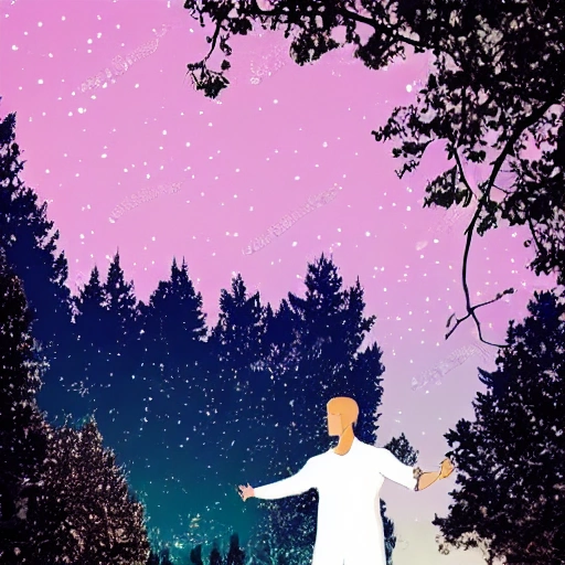 Starry sky, dense trees, white dress, male silhouette, handsome features, beautiful hands, beautiful feet, beautiful body, beautiful head,Cartoon