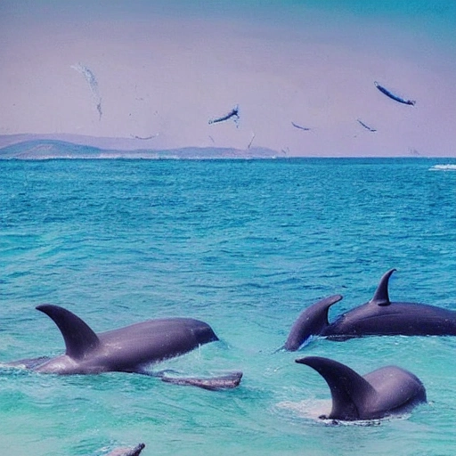 playa con ballenas volando cielo lleno de planetas dinosaurios niño mirando desde la orilla, Trippy