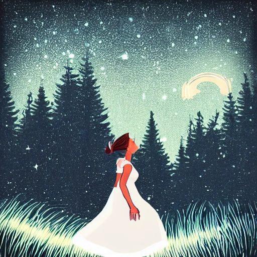 A woman running in a forest at night,Starry sky, dense trees, white dress, male silhouette, handsome features, beautiful hands, beautiful feet, beautiful body, beautiful head,Cartoon