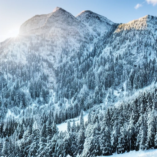 Generate an image of a mountain landscape with a high peak covered in snow and green trees below., Cartoon