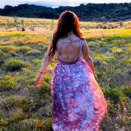 Paisaje subrealista de los Campos Elíseos, puesta de sol cielo iridicente . con una mujer hermosa con cabello rubio, saludando hacia el frente.
