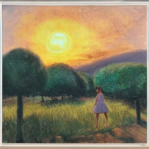 Paisaje subrealista de los Campos Elíseos, puesta de sol cielo iridicente . con una mujer hermosa con cabello rubio, saludando hacia el frente.
