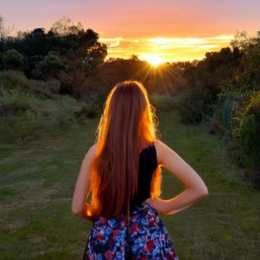 Paisaje subrealista de los Campos Elíseos, puesta de sol cielo iridicente . con una mujer hermosa con cabello rubio, saludando hacia el frente.
