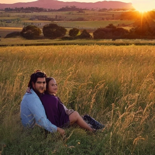 Paisaje subrealista de los Campos Elíseos, puesta de sol cielo iridicente . con una mujer hermosa con cabello rubio y un hombre,se estan abrazando.
