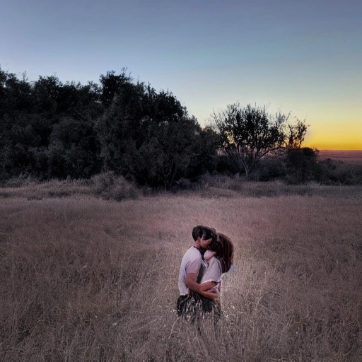 Paisaje subrealista de los Campos Elíseos, puesta de sol cielo iridicente . con una mujer hermosa con cabello rubio y un hombre,se estan abrazando.
