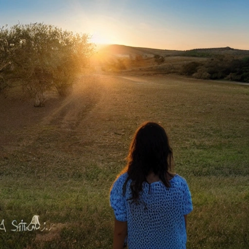 Paisaje subrealista de los Campos Elíseos, puesta de sol cielo iridicente . con una mujer hermosa con cabello rubio y un hombre,se estan abrazando.
