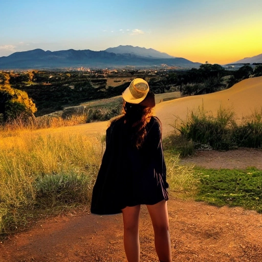 Paisaje subrealista de los Campos Elíseos, puesta de sol cielo iridicente . con una mujer hermosa con cabello rubio y un hombre,se estan abrazando.
