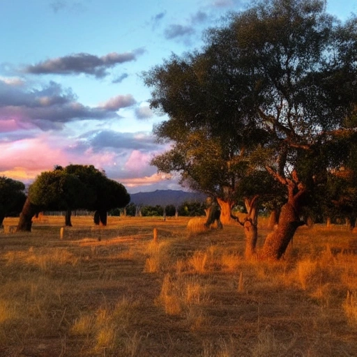 Paisaje subrealista de los Campos Elíseos, puesta de sol cielo iridicente . con una mujer hermosa con cabello rubio y un hombre,se estan abrazando.
