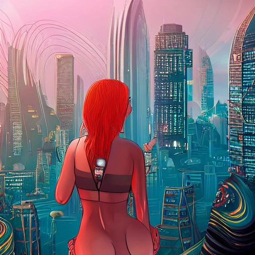 Behold a mesmerizing sight of a young woman amongst a high-tech futuristic cityscape, bursting with vibrant and extreme details