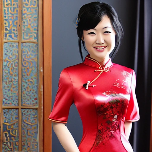 a slim but sexy oriental lady in Cheongsam smiling