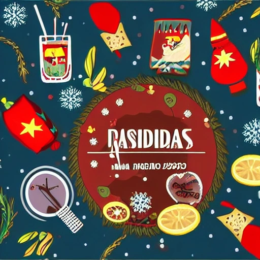 Una ilustración nostálgica de un grupo de amigos reunidos alrededor de una mesa durante la temporada navideña, brindando con copas de mezcal. Alrededor de ellos, se ven decoraciones navideñas y un árbol de Navidad. En el fondo, un destiladero tradicional y el año 2020 resaltado.