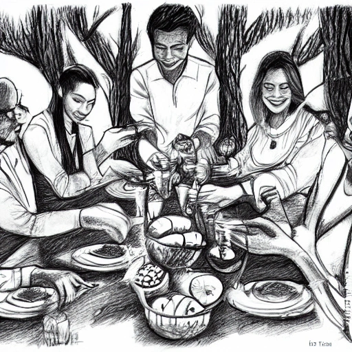 Una ilustración nostálgica de un grupo de amigos reunidos alrededor de una mesa durante la temporada navideña, brindando con copas de mezcal. Alrededor de ellos, se ven decoraciones navideñas y un árbol de Navidad. En el fondo, un destiladero tradicional y el año 2020 resaltado., Pencil Sketch