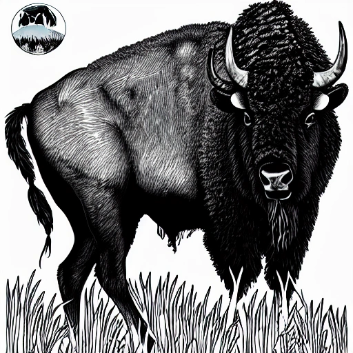 Coloring book page of American bison, eating in the meadow, black and white, Cartoon