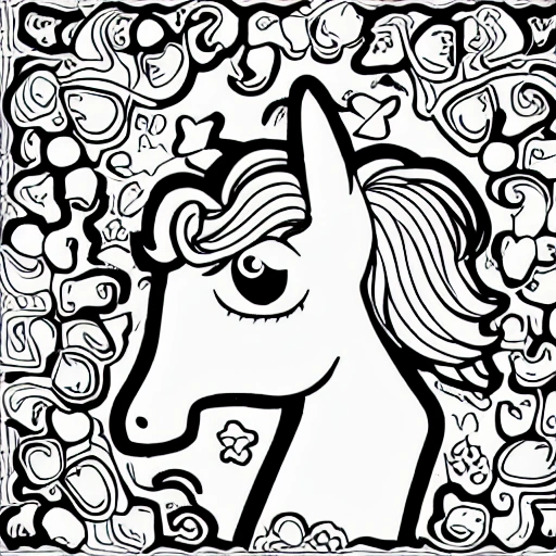 un dibujo para colorear de un unicornio en posición de carrera, con su cabeza levantada y sus patas delanteras levantadas del suelo. Agrega una melena y una cola largas y ondulantes. Añade un fondo con flores de diferentes tamaños