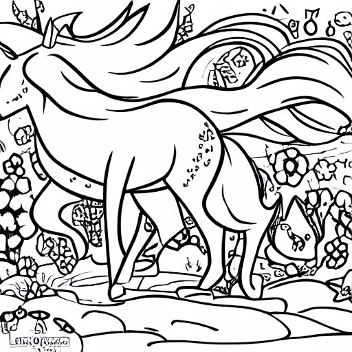 un dibujo para colorear de un unicornio divertido en posición de carrera, con su cabeza levantada y sus patas delanteras levantadas del suelo. Agrega una melena y una cola largas y ondulantes. Añade un fondo con arboles y flores de diferentes tamaños y un rio, Pencil Sketch