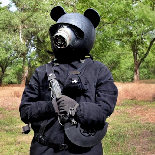 black moon bear wearing a red army gas mask