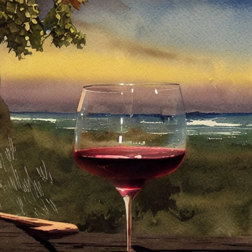 one stricky glass of red wine on the table, focus distance 400 mm, colorful, detailed,  chillwave, greg rutkowski, watercolor