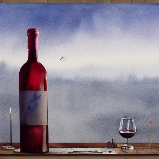 one stricky glass of red wine on the table, focus distance 400 mm, colorful, detailed,  chillwave, greg rutkowski, watercolor