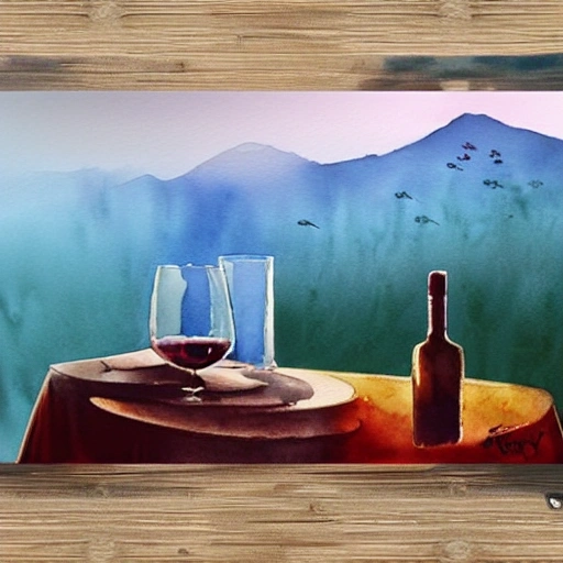 one stricky glass of red wine on the empty table, in the room, colorful, detailed,  chillwave, greg rutkowski, watercolor, focus distance 400 mm, warm brown background, bottle bigger than a glass, center layout