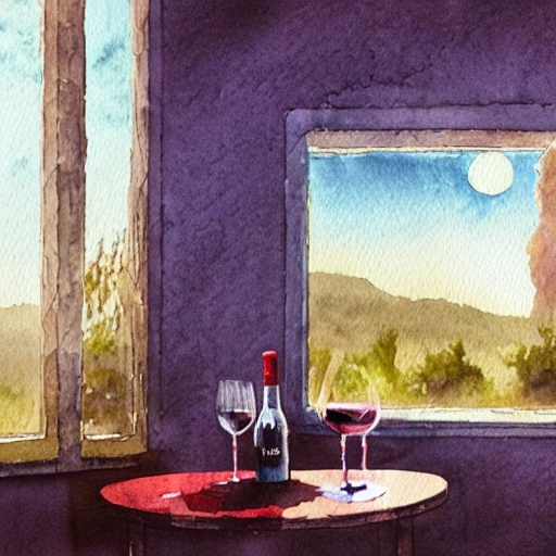 one stricky glass of red wine on the empty table, in the room, colorful, detailed,  chillwave, greg rutkowski, watercolor, focus distance 400 mm, light warm background, bottle bigger than a glass
