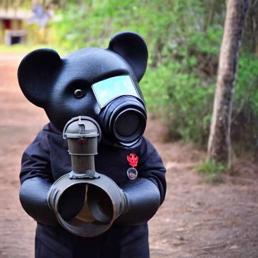 black moon bear wearing a red army gas mask