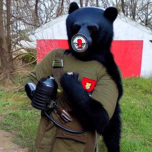 black moon bear wearing a red army gas mask, Trippy