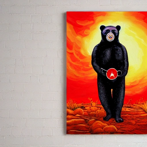 black moon bear wearing a red army gas mask, Trippy, Oil Painting