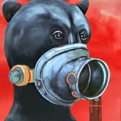 black moon bear wearing a red army gas mask, Trippy, Oil Painting, Water Color