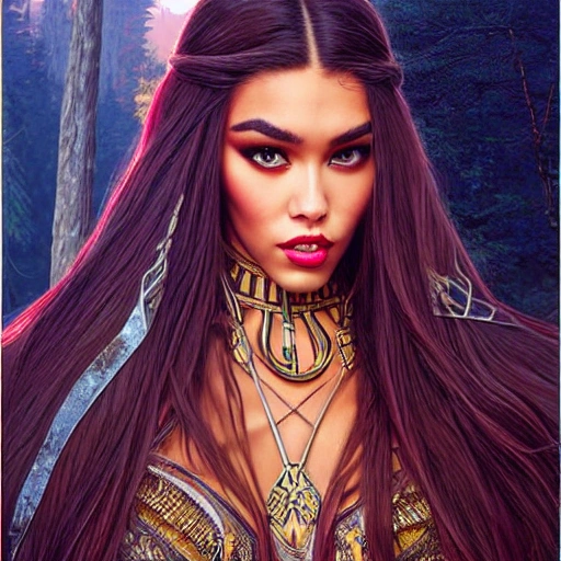 mdjrny-v4 style portrait photograph of Madison Beer as Pocahontas, young beautiful norse woman, perfect symmetrical face, transparent latex dress, (((wild west))) environment, Utah landscape, ultra realistic, concept art, elegant, ((intricate)), ((highly detailed)), depth of field, ((professionally color graded)), 8k, art by artgerm and greg rutkowski and alphonse mucha