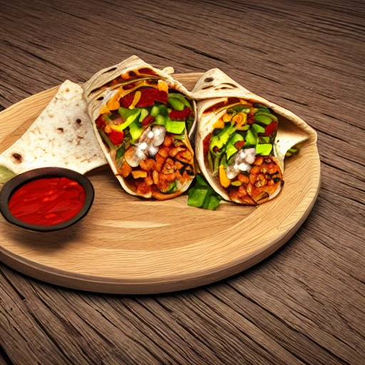 create a photo of a hyper-realistic burrito dish on a wooden plate, 3D