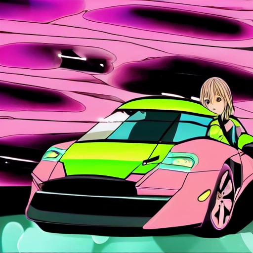 chica anime sentada en un auto lamborgini negro 
, Cartoon, Trippy