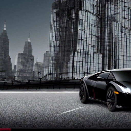 lamborgini negro posando en ciudad futurista vista frontal atardecer , 3D