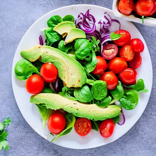 Chicken and avocado salad, cherry tomatoes, red onion,
delicious picada served on a plate