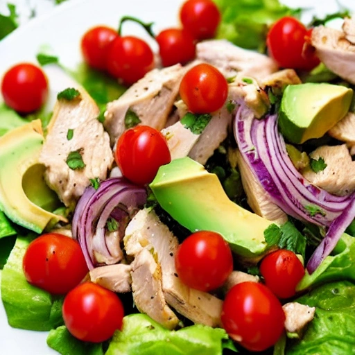 Chicken and avocado salad, cherry tomatoes, red onion,
delicious picada served on a plate