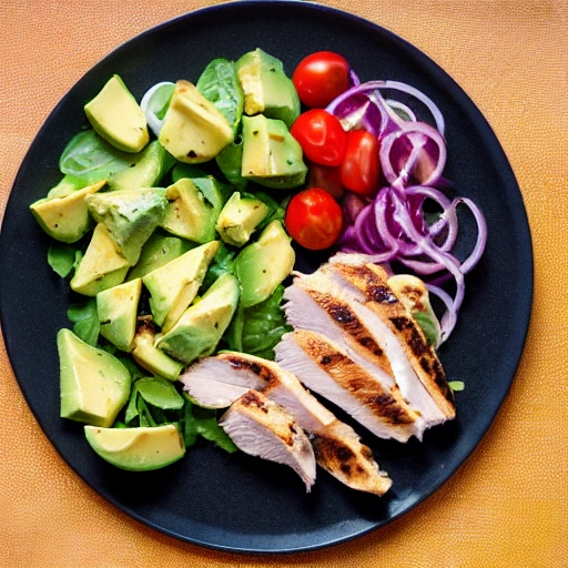 Chicken and avocado salad, cherry tomatoes, red onion,
delicious picada served on a plate, size: 2800px * 2800px