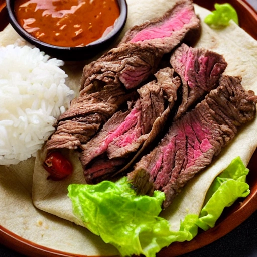 Create an hyper-realistic and  highly detailed photo of a burrito dish made of skirt steak, tomato, lettuce, onion and jalapeño, with boiled rice and refried beans, all wrapped in a flour tortilla, The burrtio is on a wooden plate and has guacamole sauce