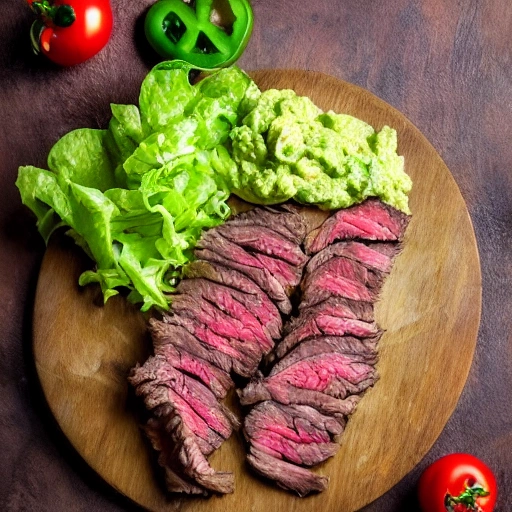 Create an hyper-realistic and  highly detailed photo of a burrito dish made of skirt steak well done, tomato, lettuce, onion and jalapeño, with smeared boiled rice and refried beans, all wrapped in a flour tortilla, The burrtio is on a wooden plate and has guacamole sauce