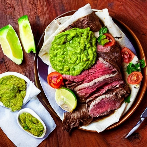 Create an hyper-realistic and  highly detailed photo of a burrito dish made of skirt steak, tomato, lettuce, onion and jalapeño, with smeared boiled rice and refried beans, all wrapped in a flour tortilla, The burrtio is on a wooden plate and has guacamole sauce