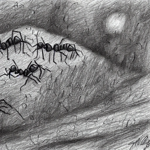 "Create an image of a group of ants leaving an ant hill, with an exciting and adventurous outdoor environment.",, Pencil Sketch