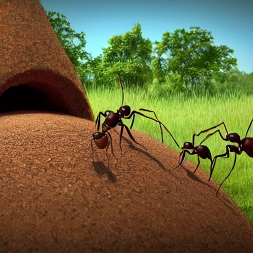 ants coming out of an anthill, with an outdoor environment, exciting and adventurous, 3D