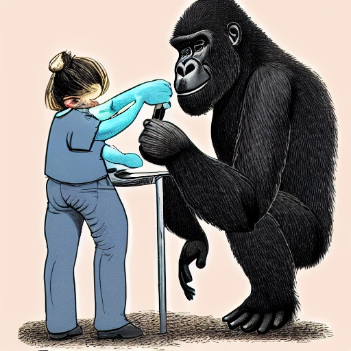 gorilla removing head lice from human inside an office, Cartoon