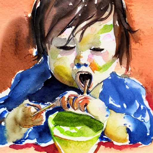 baby eating worms, Water Color