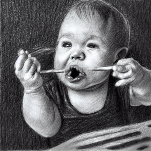 baby eating worms,  Pencil Sketch
