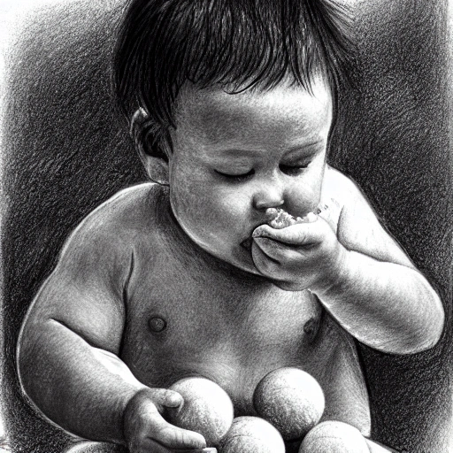 baby eating tenis balls,  Pencil Sketch