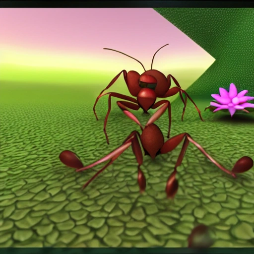 Create an image that represents the bravery and excitement of scout ants as they venture into the outside world 3D