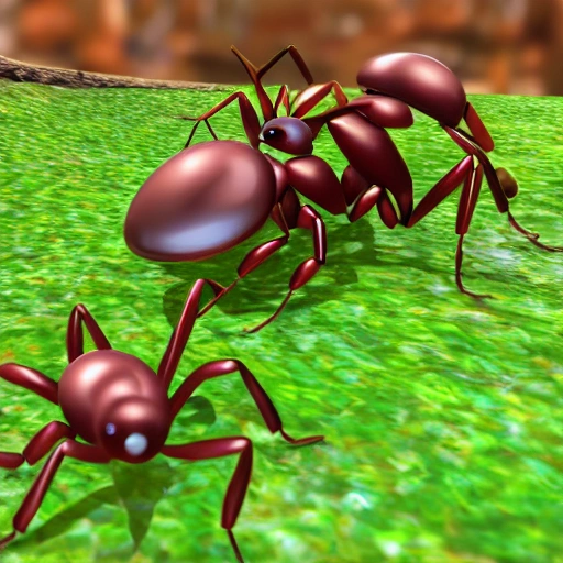 Create an image that represents the bravery and excitement of scout ants as they venture into the outside world 3D